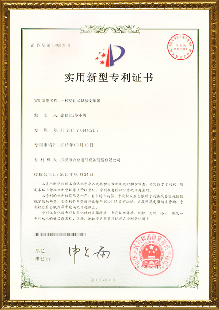 合眾電氣專利證書 合眾電氣專利證書